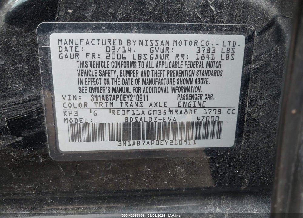 2014 NISSAN SENTRA VIN: 3N1AB7AP0EY210911