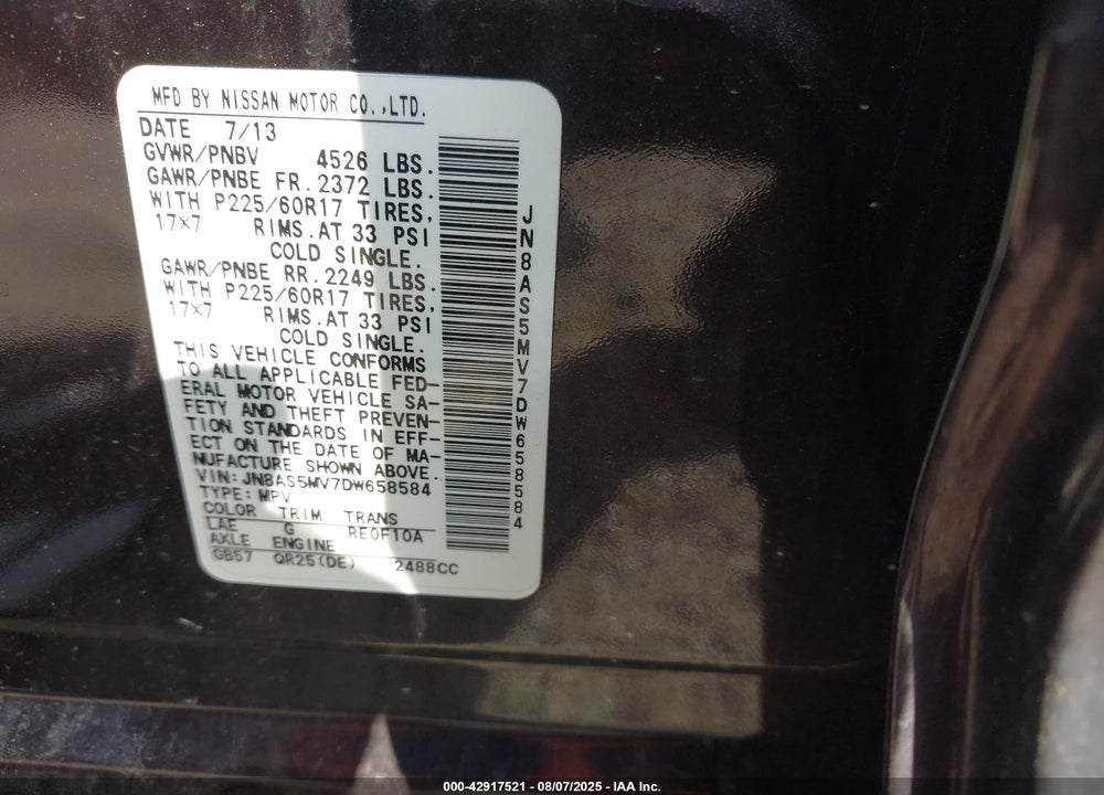 2013 NISSAN ROGUE VIN: JN8AS5MV7DW658584
