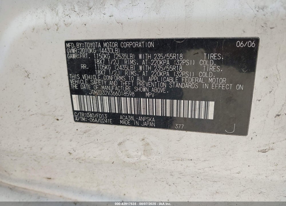 2006 TOYOTA RAV4 SPORT VIN: JTMZD32V366018598
