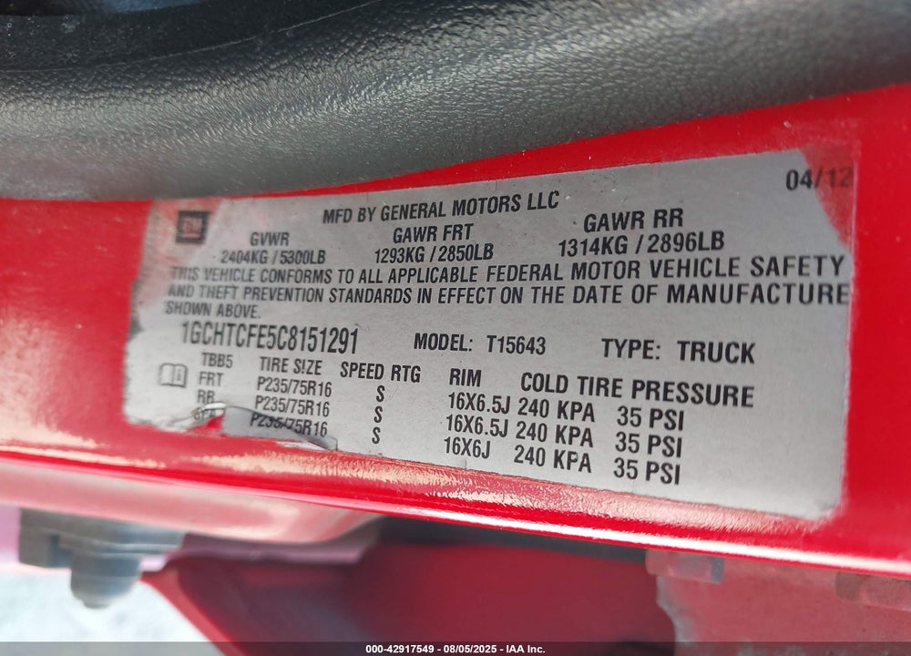 2012 CHEVROLET COLORADO VIN: 1GCHTCFE5C8151291