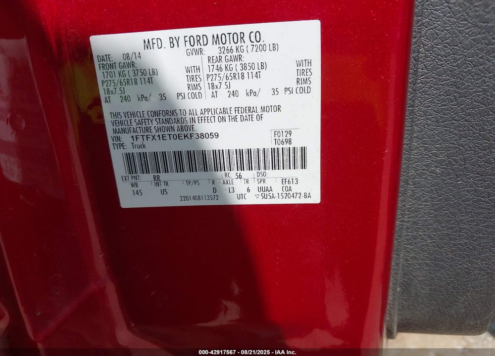 2014 FORD F-150 VIN: 1FTFX1ET0EKF38059
