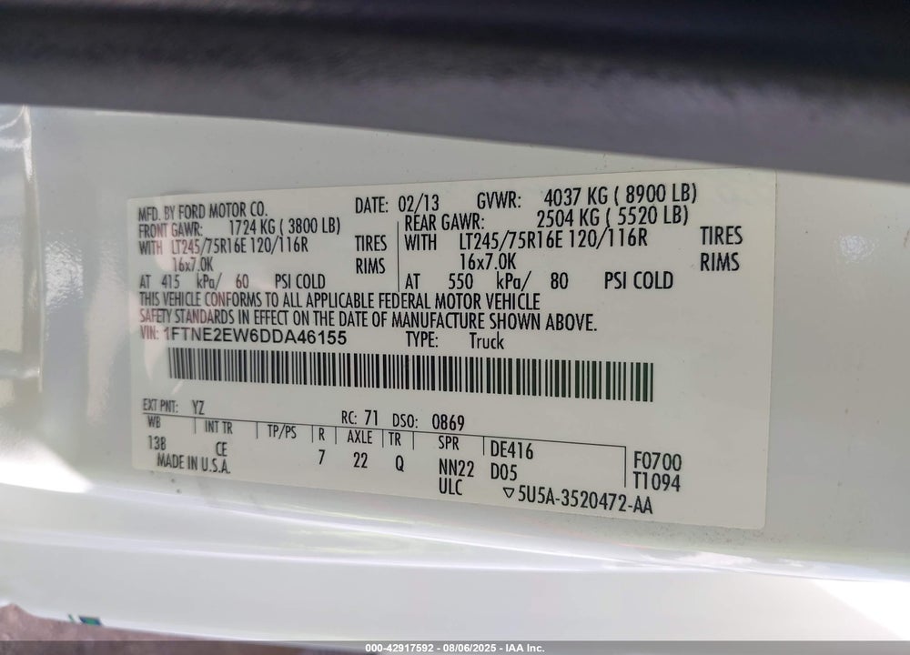 2013 FORD E-250 COMMERCIAL VIN: 1FTNE2EW6DDA46155