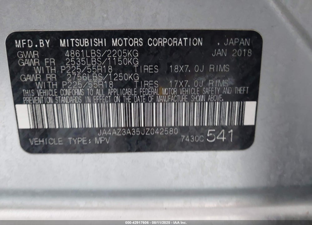 2018 MITSUBISHI OUTLANDER VIN: JA4AZ3A35JZ042580
