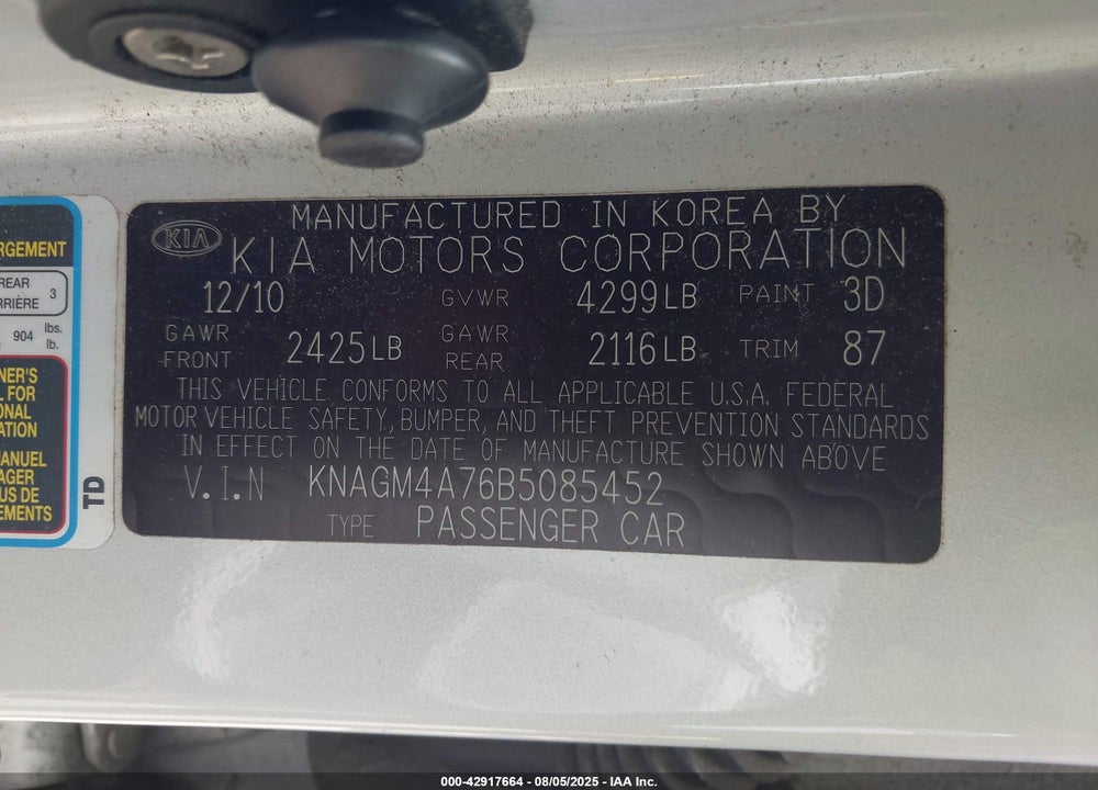 2011 KIA OPTIMA LX VIN: KNAGM4A76B5085452