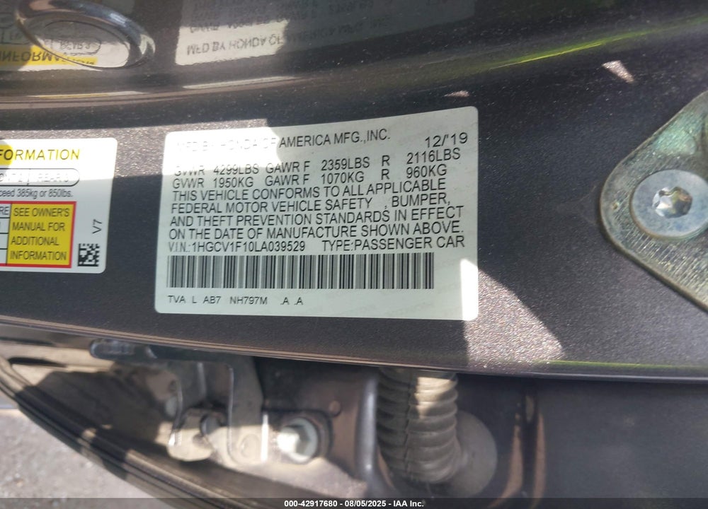 2020 HONDA ACCORD VIN: 1HGCV1F10LA039529