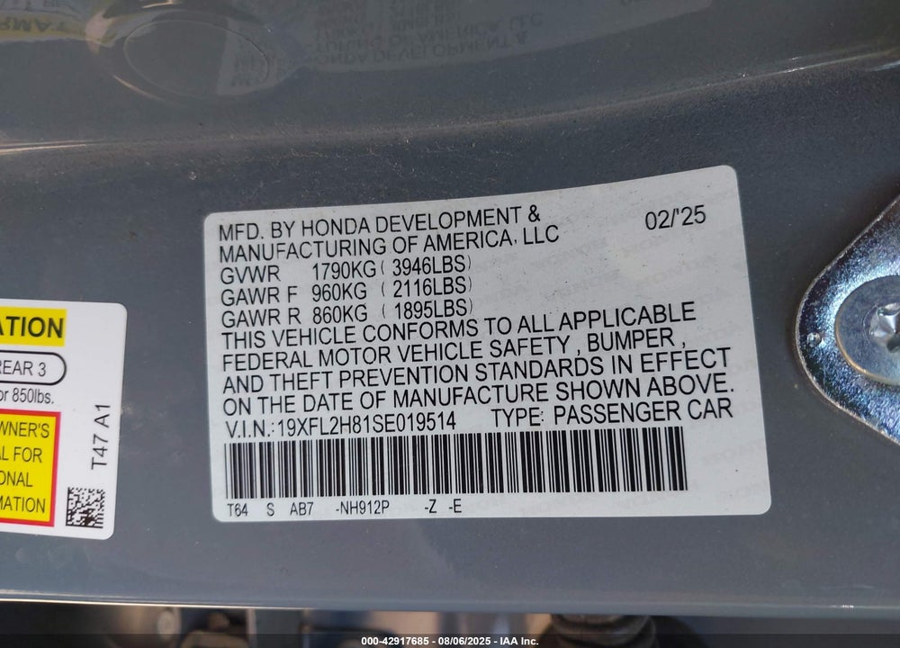 2025 HONDA CIVIC VIN: 19XFL2H81SE019514