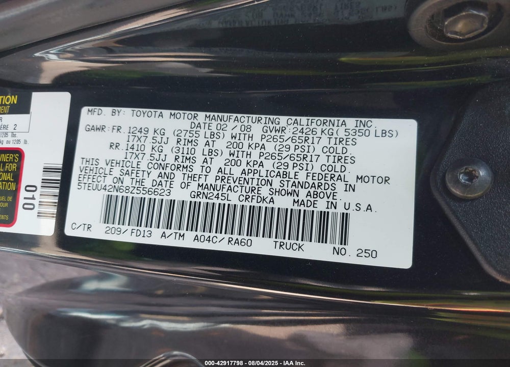 2008 TOYOTA TACOMA BASE V6 VIN: 5TEUU42N68Z556623