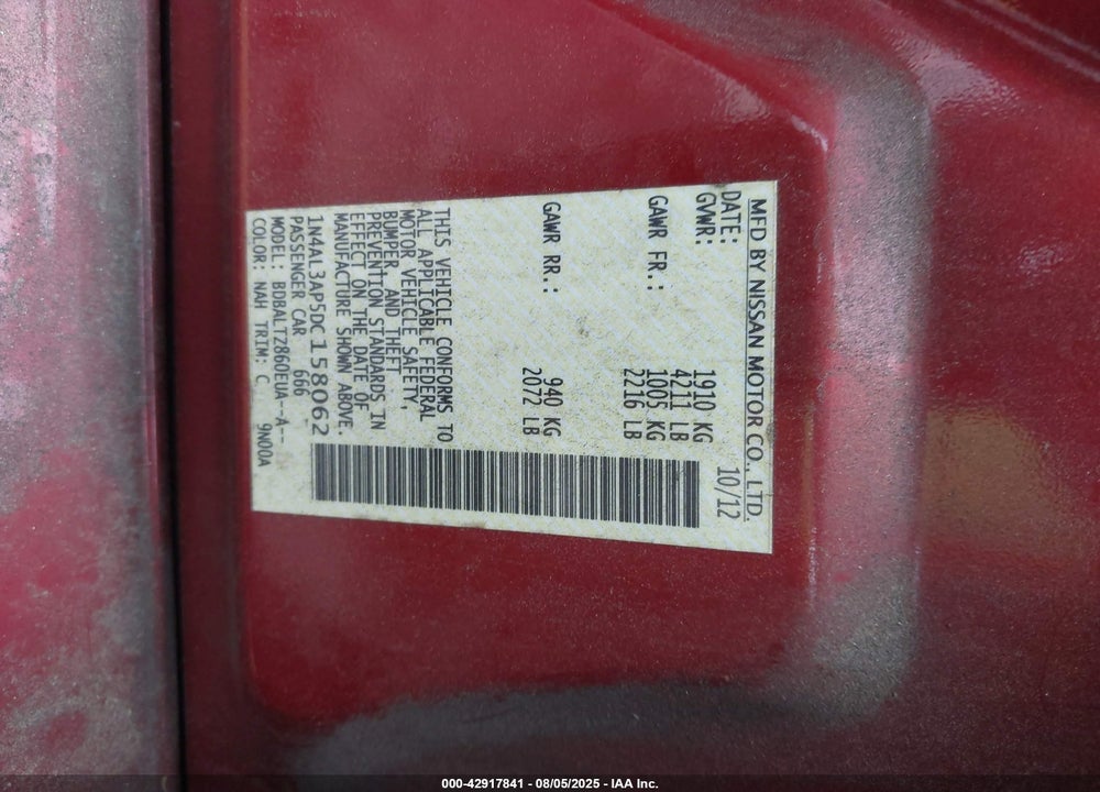 2013 NISSAN ALTIMA VIN: 1N4AL3AP5DC158062