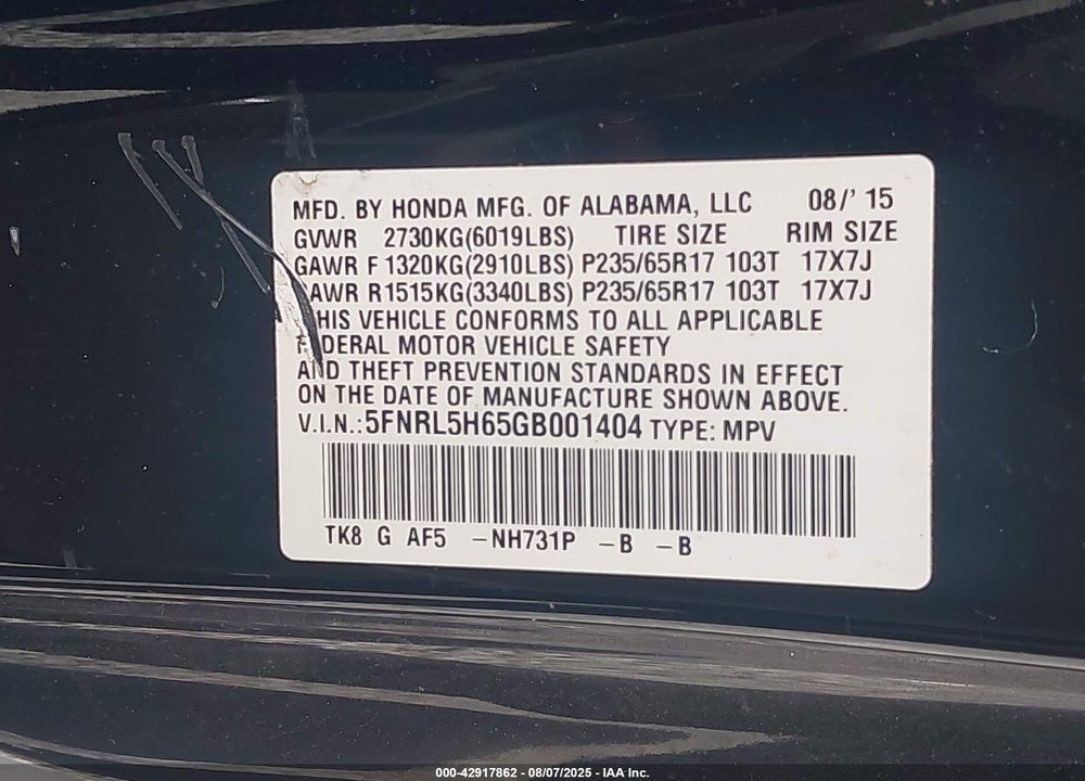 2016 HONDA ODYSSEY EX-L VIN: 5FNRL5H65GB001404