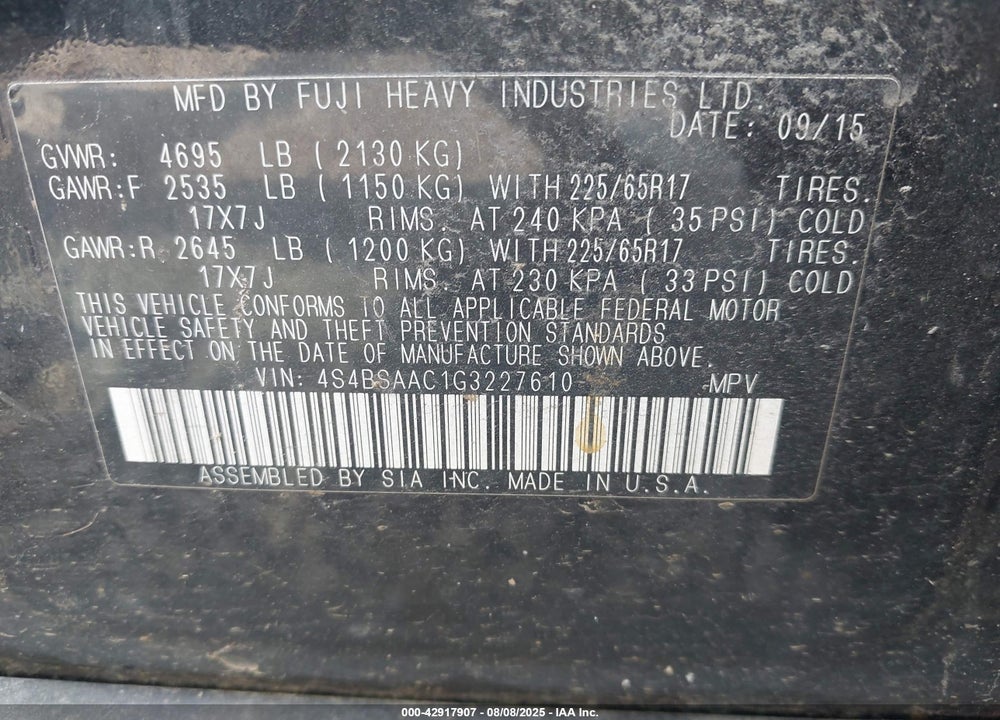 2016 SUBARU OUTBACK VIN: 4S4BSAAC1G3227610