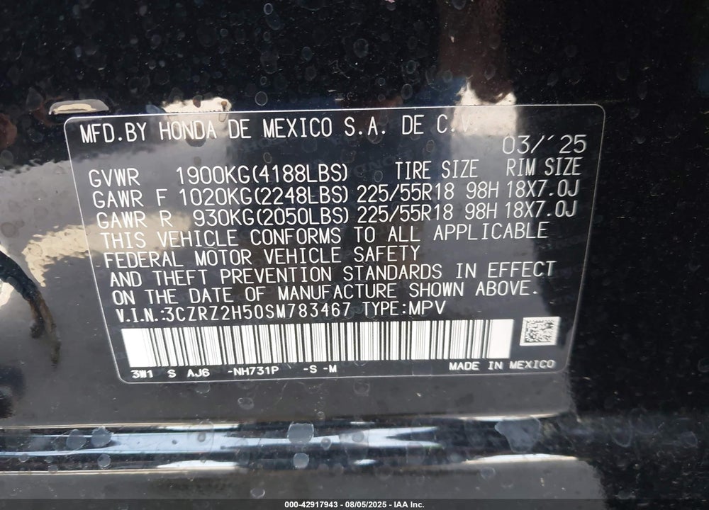 2025 HONDA HR-V VIN: 3CZRZ2H50SM783467