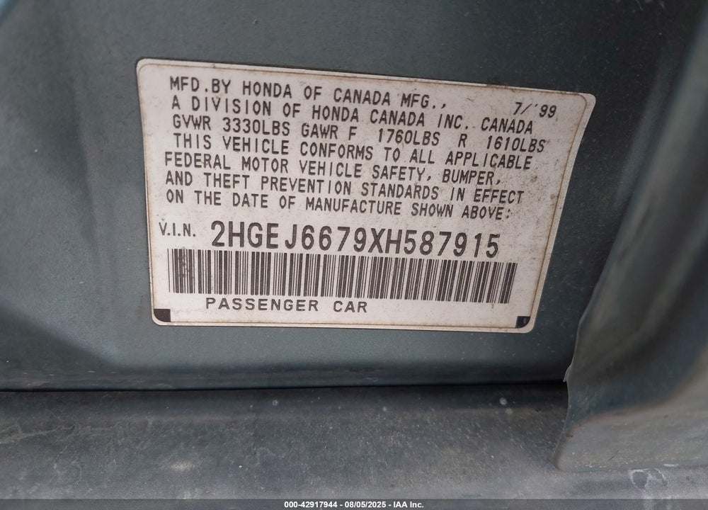 1999 HONDA CIVIC LX VIN: 2HGEJ6679XH587915