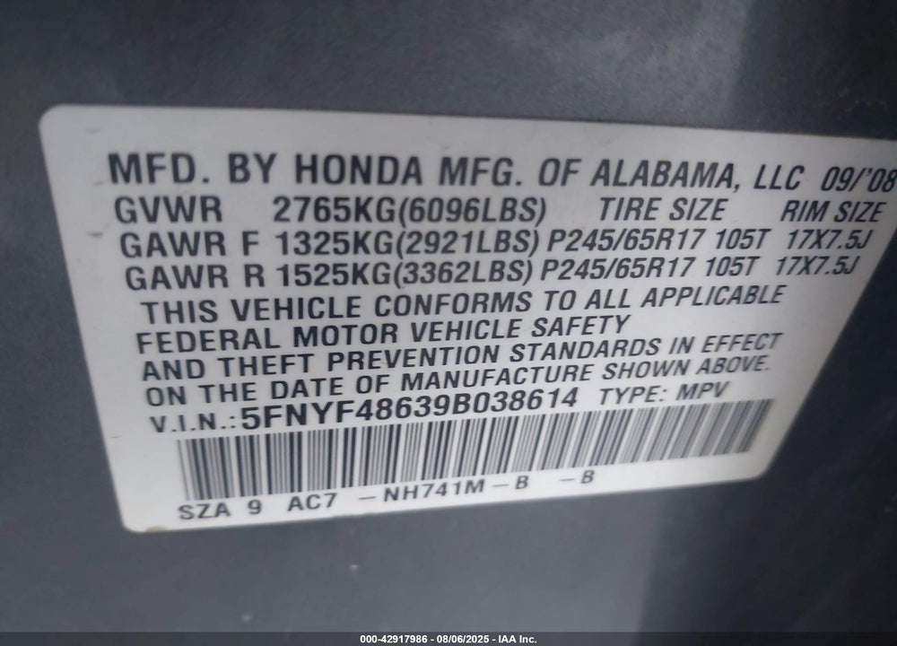 2009 HONDA PILOT VIN: 5FNYF48639B038614