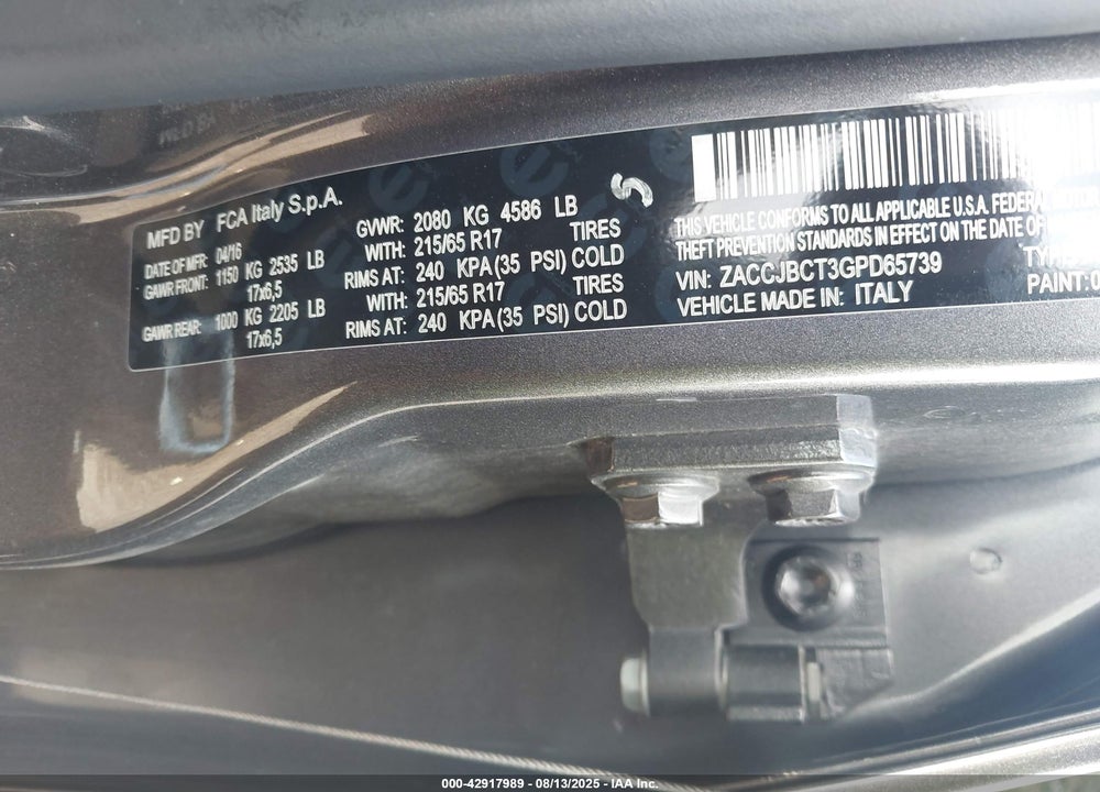 2016 JEEP RENEGADE VIN: ZACCJBCT3GPD65739