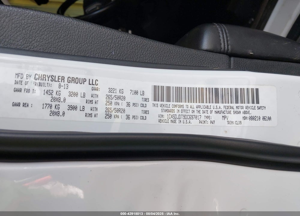 2013 DODGE DURANGO VIN: 1C4SDJDT9DC697017