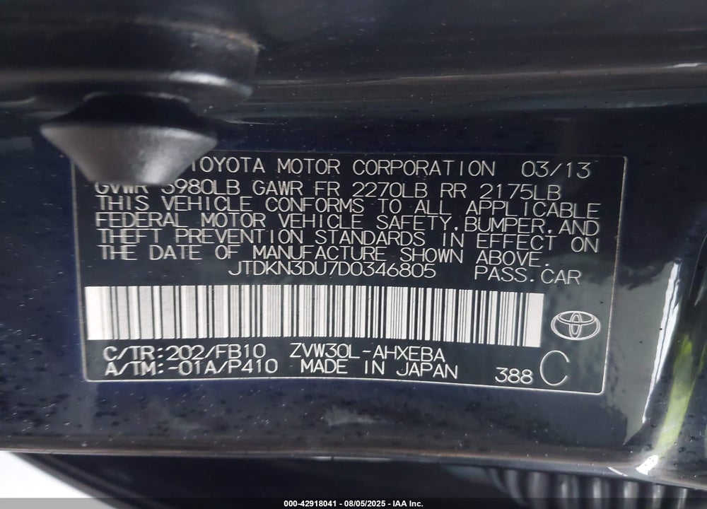 2013 TOYOTA PRIUS TWO VIN: JTDKN3DU7D0346805
