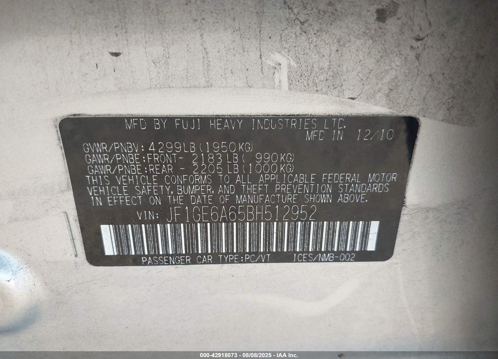2011 SUBARU IMPREZA VIN: JF1GE6A65BH512952