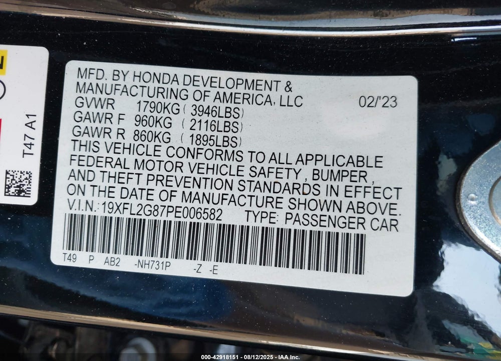 2023 HONDA CIVIC VIN: 19XFL2G87PE006582