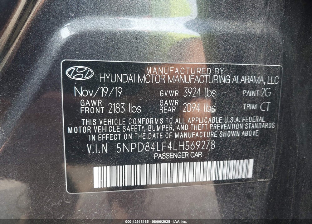 2020 HYUNDAI ELANTRA VIN: 5NPD84LF4LH569278
