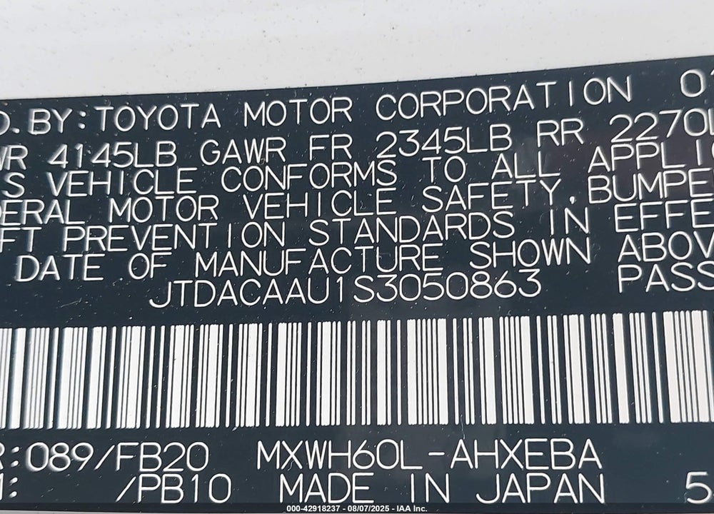 2025 TOYOTA PRIUS VIN: JTDACAAU1S3050863