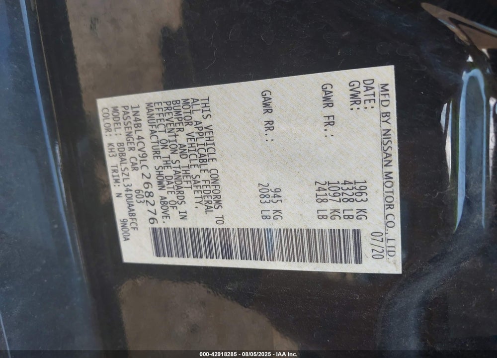 2020 NISSAN ALTIMA VIN: 1N4BL4CV9LC268276