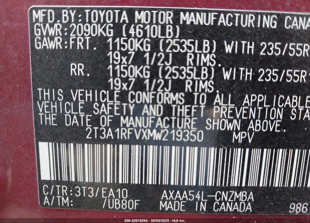2021 TOYOTA RAV4 VIN: 2T3A1RFVXMW219350