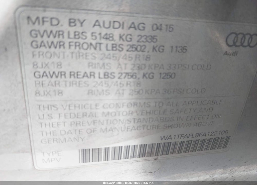 2015 AUDI ALLROAD VIN: WA1TFAFL8FA122105
