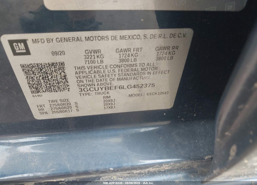 2020 CHEVROLET SILVERADO 1500 VIN: 3GCUYBEF6LG452375