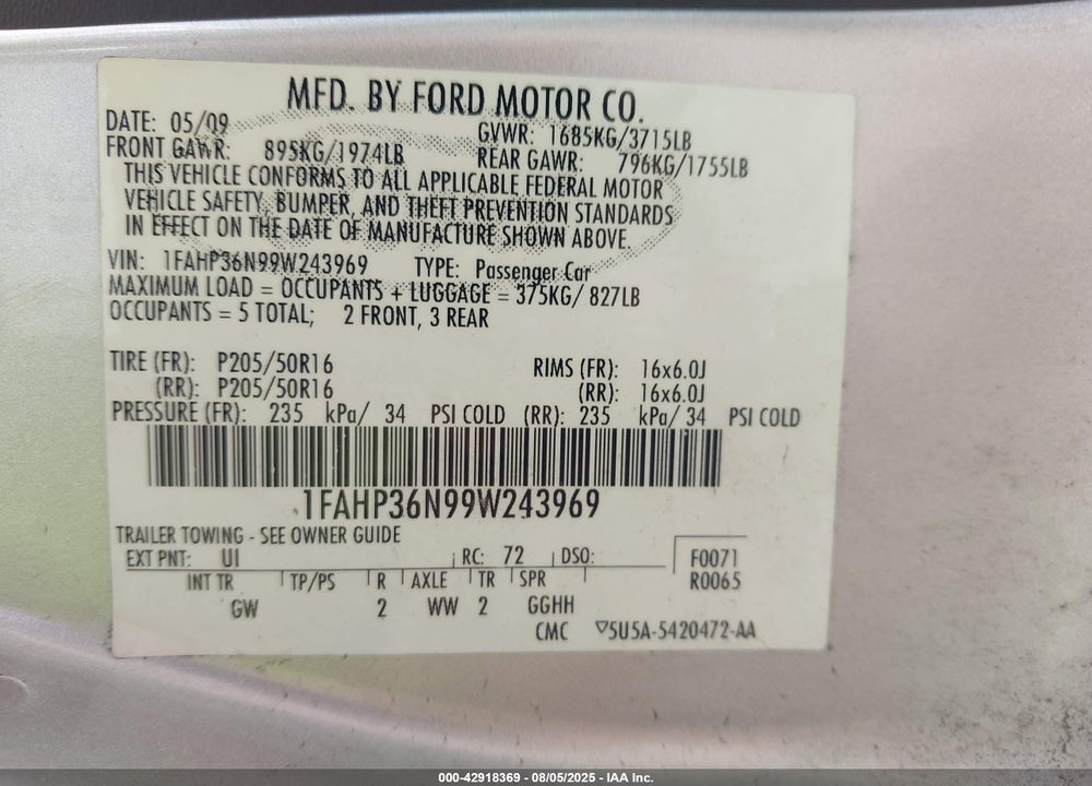 2009 FORD FOCUS VIN: 1FAHP36N99W243969