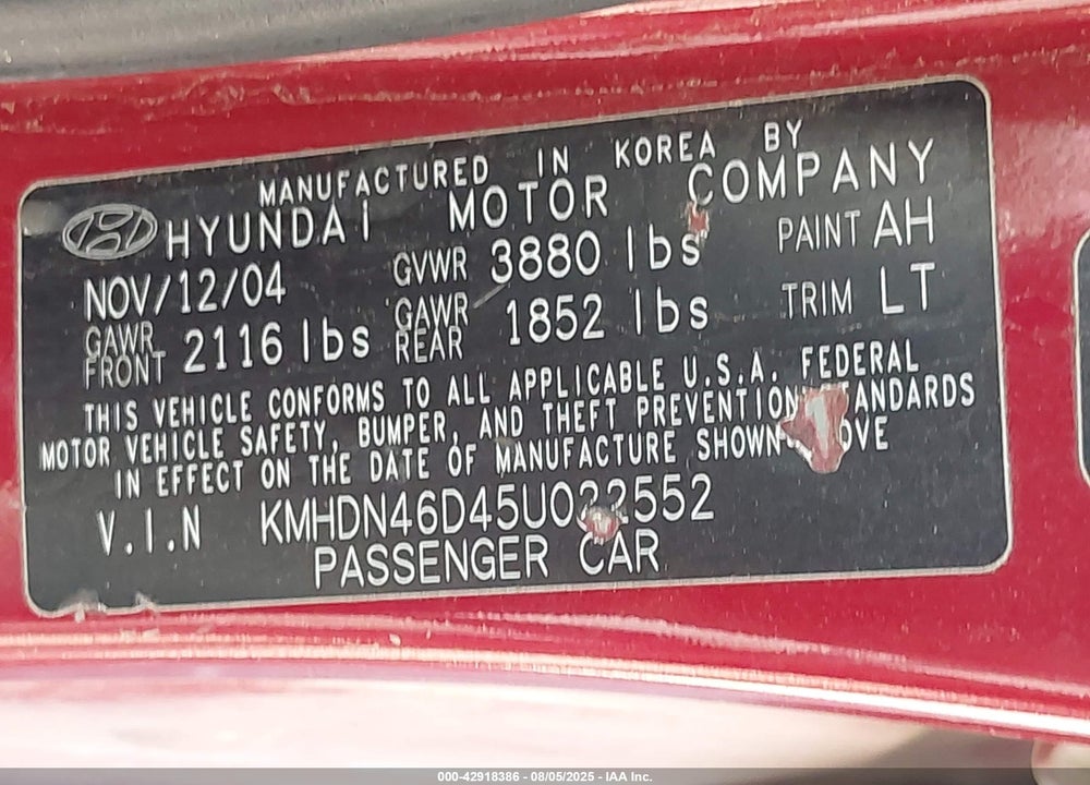 2005 HYUNDAI ELANTRA GLS/GT VIN: KMHDN46D45U022552