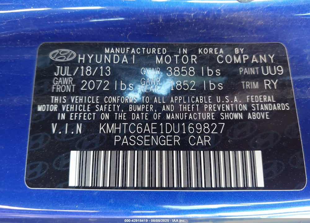 2013 HYUNDAI VELOSTER VIN: KMHTC6AE1DU169827