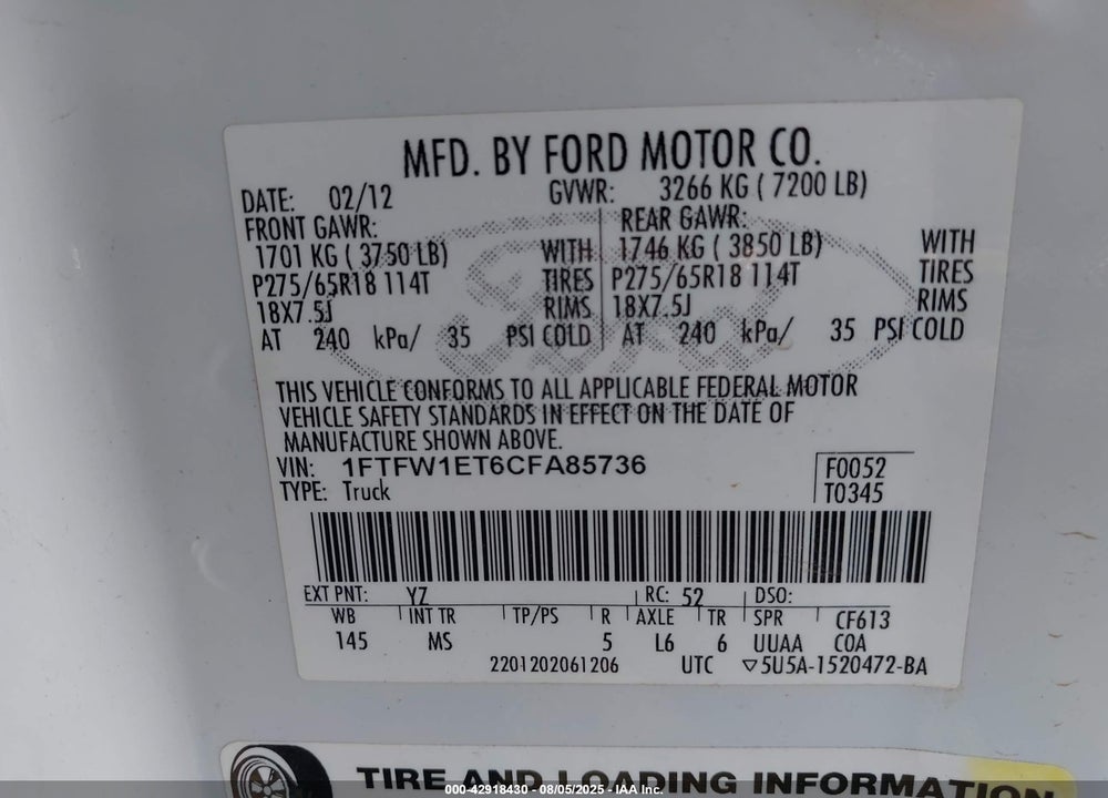 2012 FORD F-150 VIN: 1FTFW1ET6CFA85736
