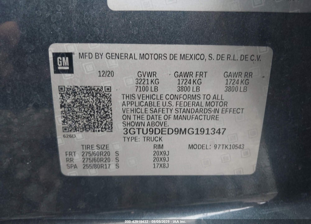 2021 GMC SIERRA 1500 4WD SHORT BOX SLT VIN: 3GTU9DED9MG191347