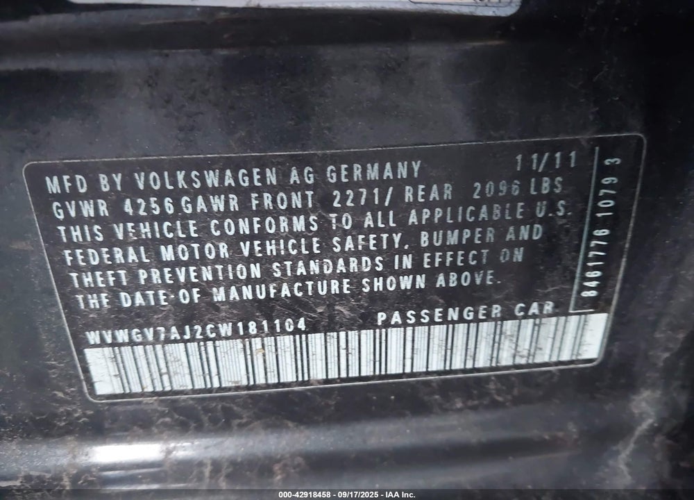 2012 VOLKSWAGEN GTI VIN: WVWGV7AJ2CW181104