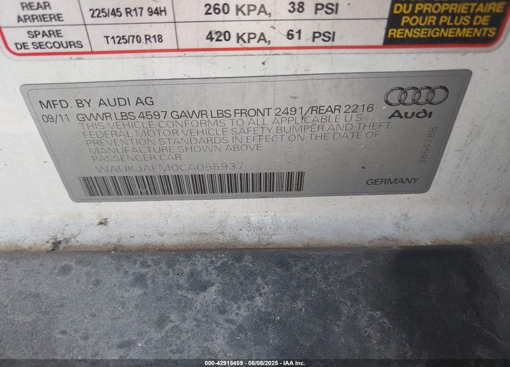 2012 AUDI A3 VIN: WAUKJAFM0CA055937