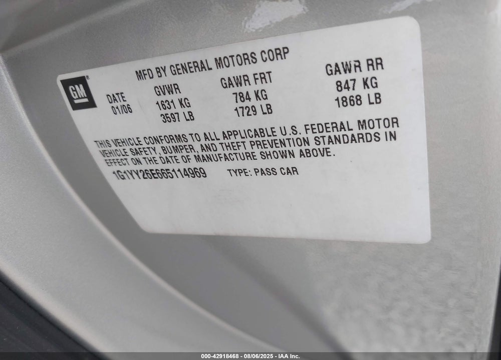 2006 CHEVROLET CORVETTE Z06 HARDTOP VIN: 1G1YY26E665114969