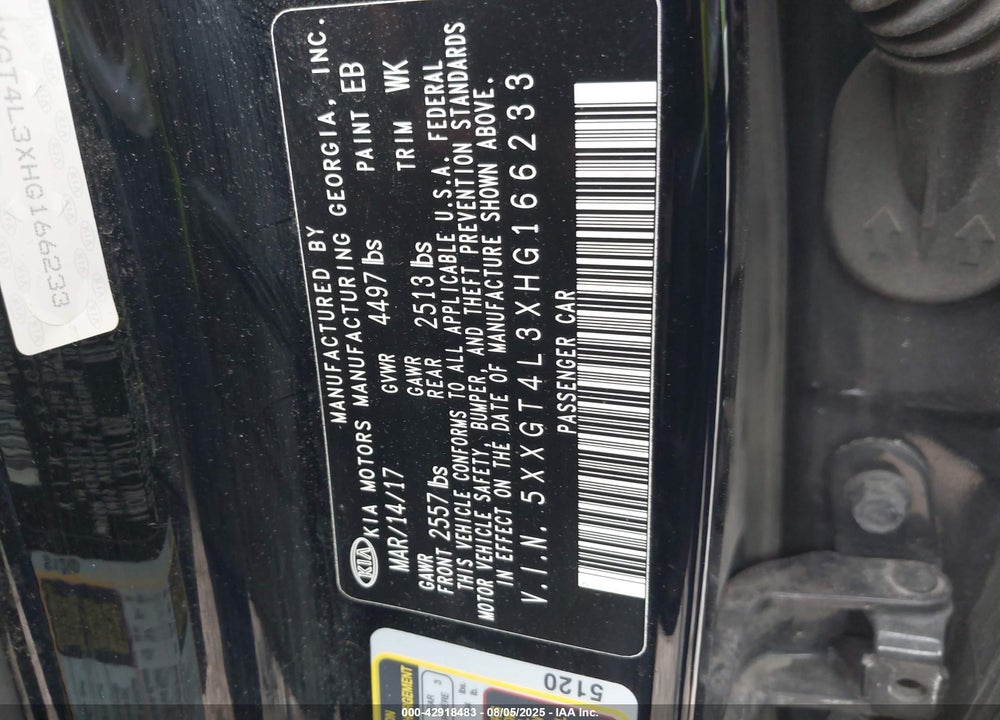 2017 KIA OPTIMA VIN: 5XXGT4L3XHG166233