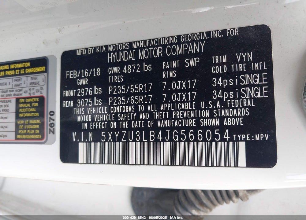 2018 HYUNDAI SANTA FE VIN: 5XYZU3LB4JG566054