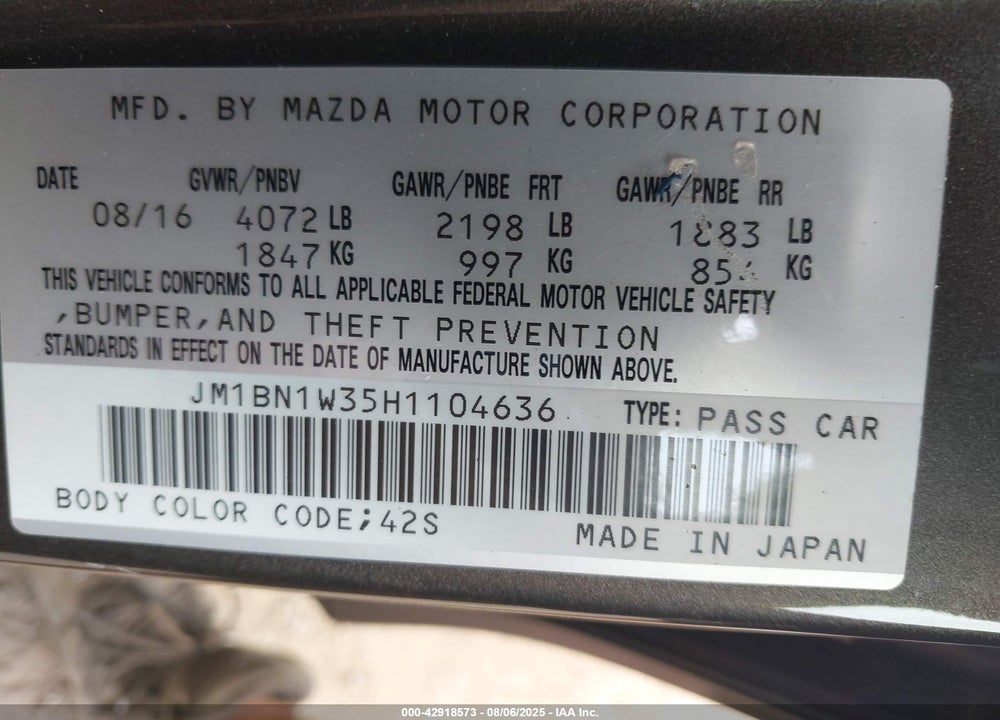 2017 MAZDA 3 VIN: JM1BN1W35H1104636