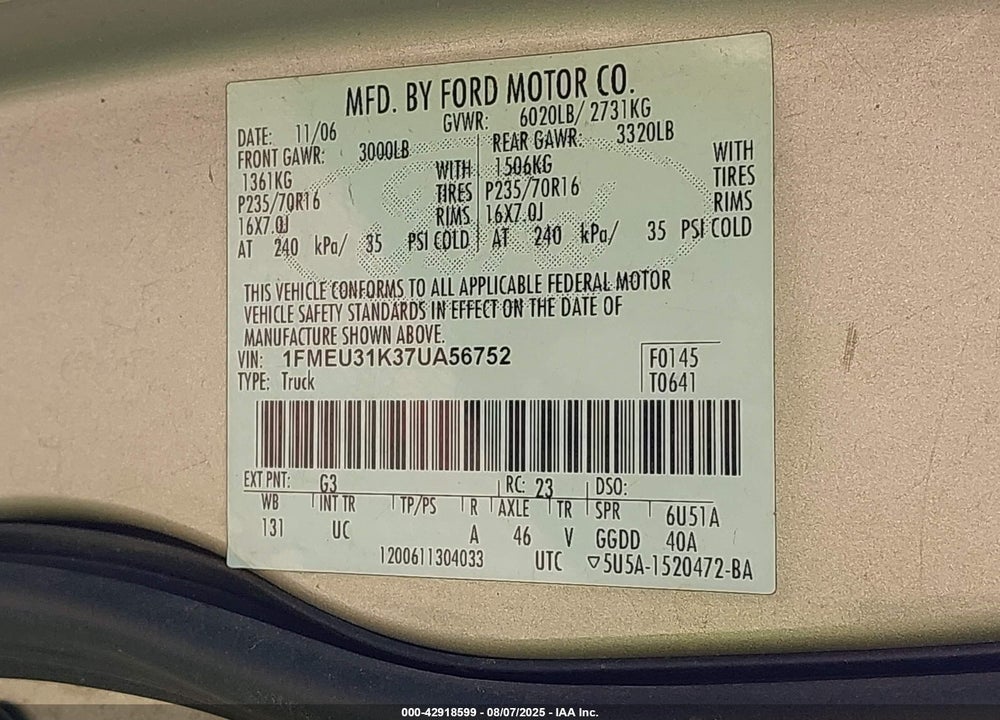 2007 FORD EXPLORER SPORT TRAC XLT VIN: 1FMEU31K37UA56752