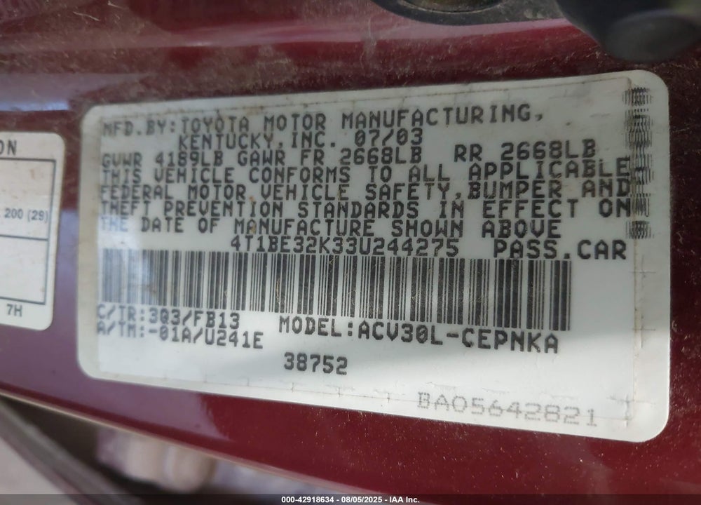 2003 TOYOTA CAMRY LE VIN: 4T1BE32K33U244275