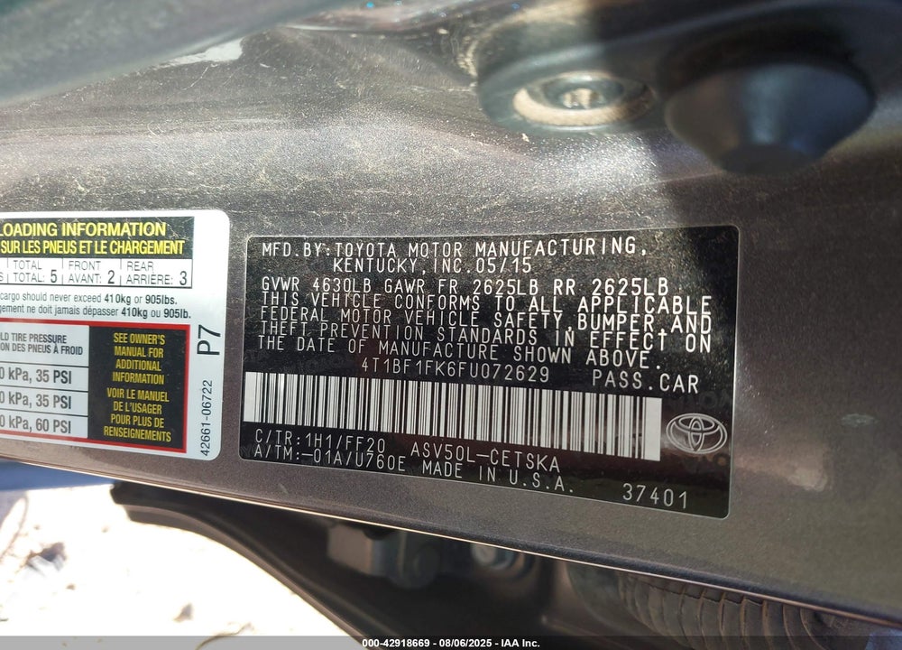 2015 TOYOTA CAMRY VIN: 4T1BF1FK6FU072629