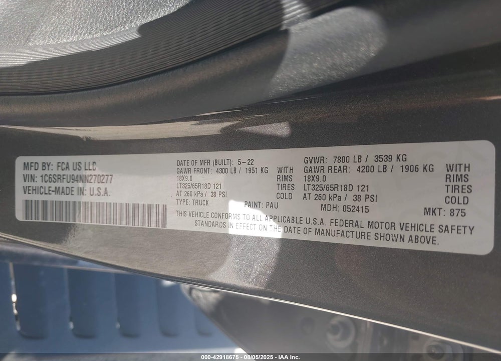 2022 RAM 1500 TRX 4X4 5'7 BOX VIN: 1C6SRFU94NN270277