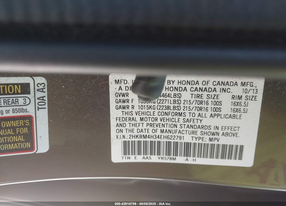 2014 HONDA CR-V LX VIN: 2HKRM4H34EH622791