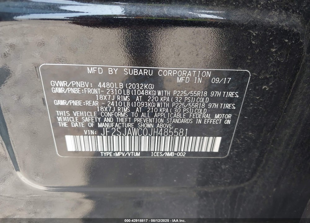 2018 SUBARU FORESTER VIN: JF2SJAWC0JH485581