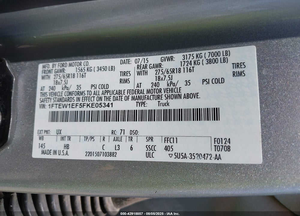 2015 FORD F-150 VIN: 1FTEW1EF5FKE05341