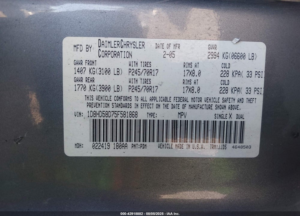 2005 DODGE DURANGO LIMITED VIN: 1D8HD58D75F581868
