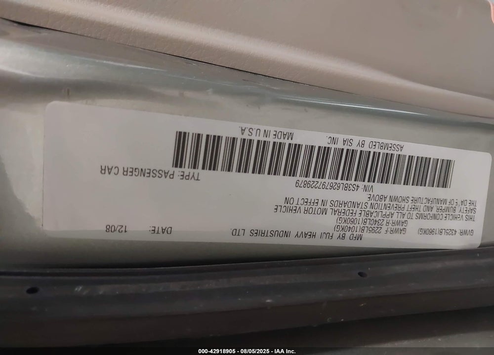 2009 SUBARU LEGACY 2.5I LIMITED VIN: 4S3BL626797229879