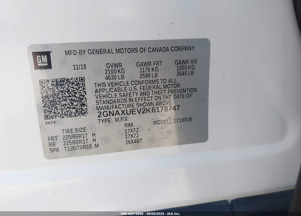 2019 CHEVROLET EQUINOX VIN: 2GNAXUEV2K6178747