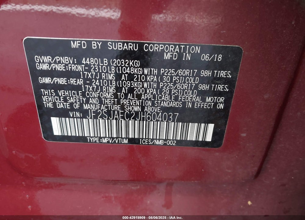 2018 SUBARU FORESTER VIN: JF2SJAEC2JH604037